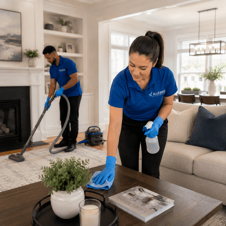 Bluebird Cleaning technicians dusting and vacuuming a living room